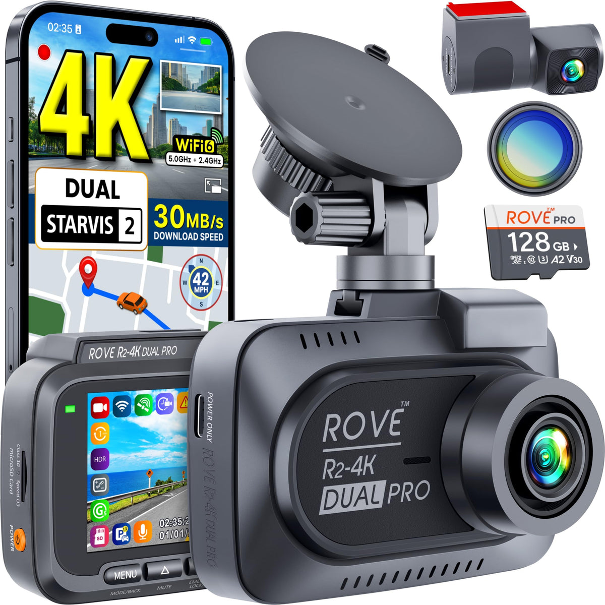 ROVE R2-4K Dual PRO Dash Cam Front and Rear, 4K+2K Dash Camera for Cars | Dual STARVIS 2 IMX678 + IMX675 Sensors, FREE 128GB Card + CPL, WiFi 6 - up to 30MB/s, Night Vision, 3" IPS, 24Hr Parking Mode