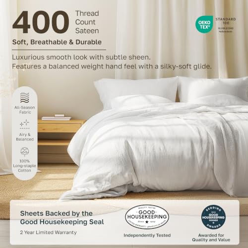 California Design Den Soft 100% Cotton Sateen Queen Bed Sheets Set, White | 400 Thread Count Backed by Good Housekeeping Seal, 16" Deep Pocket, All-Around Elastic, Durable, Easy Care