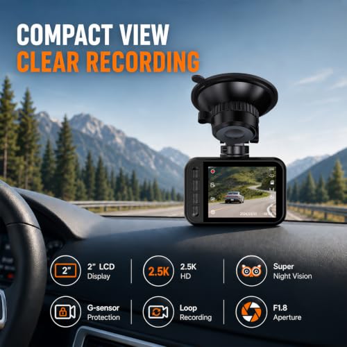 Dash Cam Front and Rear for Cars, 2.5K+1080P Dual Camera with 2" Screen | WDR Night Vision, 170° Lens, G-Sensor, Loop Recording, 360° Mount, Mini Design, 256GB Max, 24H Parking, SD Card Not Included