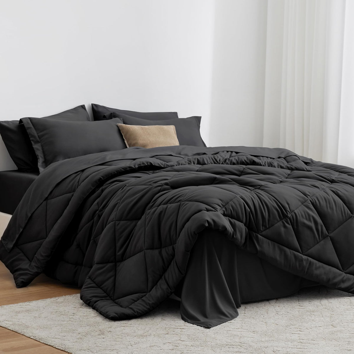 Love's cabin King Size Comforter Set, 7 Pieces Bed in a Bag, Black | OEKO-TEX Certified, All-Season, 1 Down-Alternative Comforter + 1 Flat & Fitted Sheets + 2 Pillowcases + 2 Pillow Shams