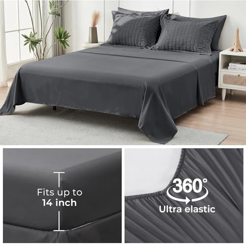 Queen Comforter Set - 7PCS Bed in a Bag, Seersucker Bedding Set, Dark Grey | OEKO-TEX Certified, All Season Comforter with Sheets, Down-Alternative Fill, Soft & Breathable, Pillowcases & Shams