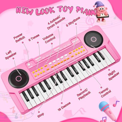 Upgraded 37 Keys Kids Piano Keyboard with Mic for 3 4 5 6 Boys Girls - Pink | Portable Toddler Music Toys Musical Instrument Birthday Xmas Gift