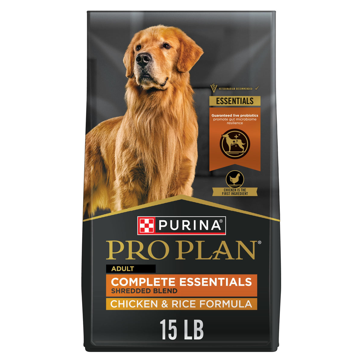 Purina Pro Plan Complete Essentials Shredded Blend Dry Dog Food,15 lb. Bag | Chicken & Rice Formula with real chicken as first ingredient, high protein supports lean muscles, premium nutrition for dogs