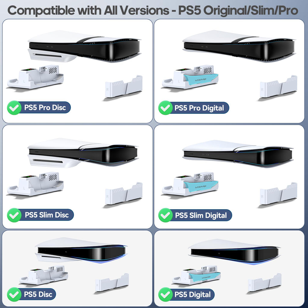 PS5/Slim/Pro Horizontal Stand with Cooling Fan & Charger for Original & Edge Controllers, Scalable Design PS5 Accessories Base with EVA Foams for All PS Five Disc & Digital, PS 5 Sideways Stand White