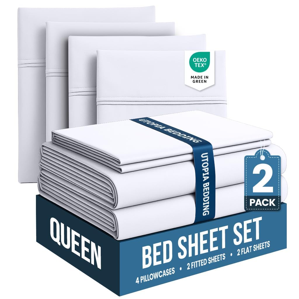 Queen Sheets Set, 4 Pieces 16" Deep Pocket Hotel Luxury Bed Sheets, White | Extra Soft Bedsheet Set for Kids, Women & Men, Comfy & Breathable Cooling Sheets, 2 Fitted Sheet, 2 Flat Sheet, 4 Pillowcase