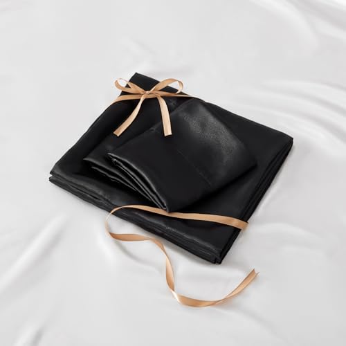 BEDELITE Satin Sheets Queen Size Bed Set, Black, 4 Pieces | Luxury Silky Bed Sheets, 15 Inch Deep Pocket, Similar to Silk, Soft and Cooling, Reduces Friction, Gentle on Hair and Skin