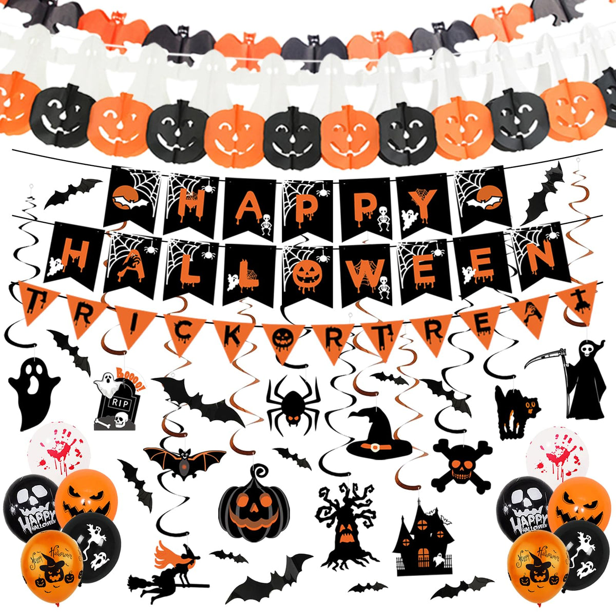 Halloween Decorations Indoor Set – Reusable Happy Halloween Banner | Bunting Garland, Trick or Treat Sign with Spooky Hanging Decorations for Party, Home & Office