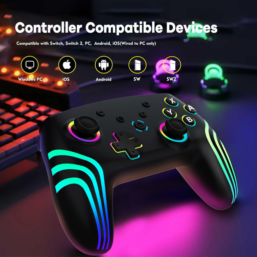 MYSTILUCK Wireless Pro Controller for Switch/Switch 2/Lite/OLED/PC | Gamepad with 7 Color-Changing RGB Lighting/Dual Vibration/6-Axis Gyroscope/Turbo, Ergonomically Designed Precise Joystick