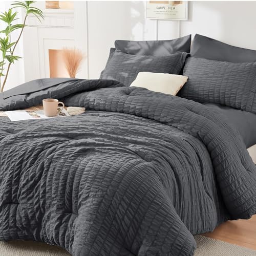 Queen Comforter Set - 7PCS Bed in a Bag, Seersucker Bedding Set, Dark Grey | OEKO-TEX Certified, All Season Comforter with Sheets, Down-Alternative Fill, Soft & Breathable, Pillowcases & Shams