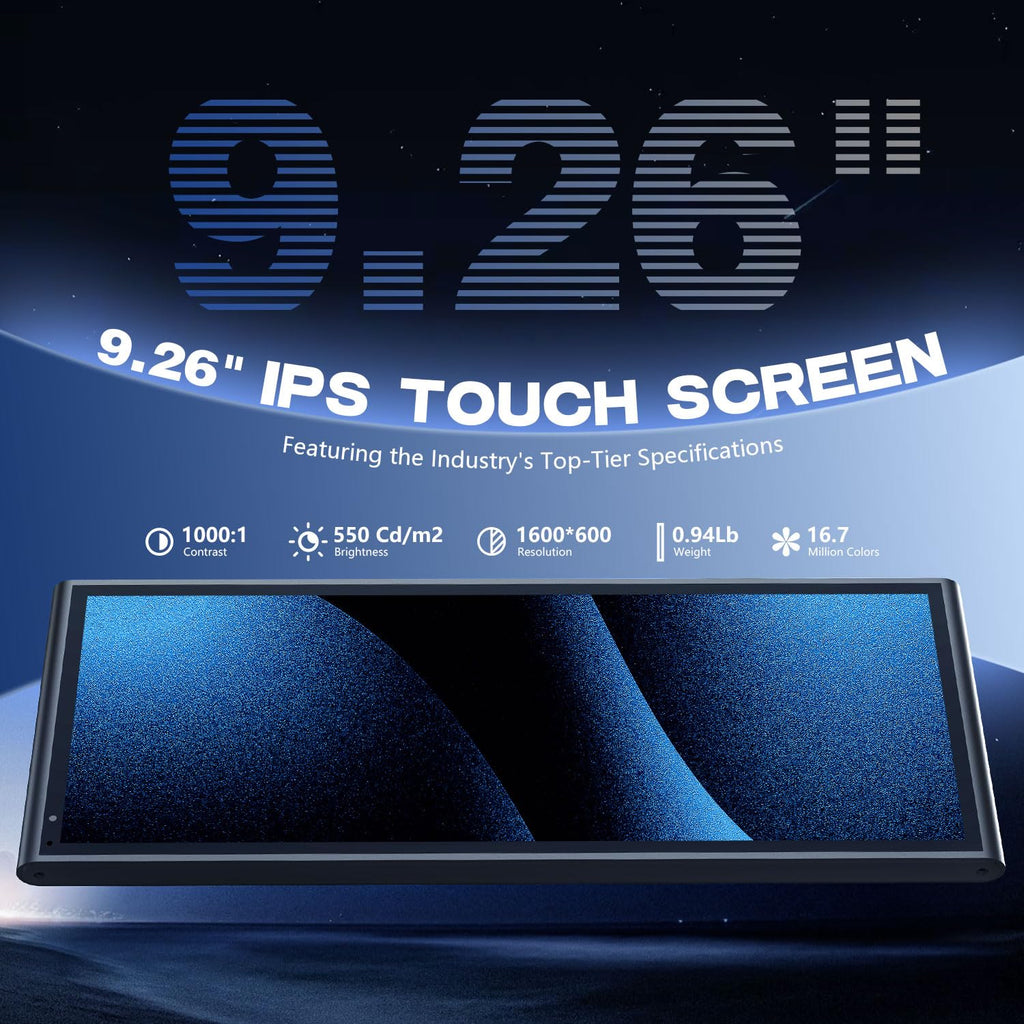 9.26" Wireless Portable Carplay Screen for Apple Car Play Android Auto OTA | 1600x600 IPS Touchscreen with OTA Updates, Backup Camera, Mirror Link, Bluetooth 5.0, Voice Control, GPS Navigation, FM