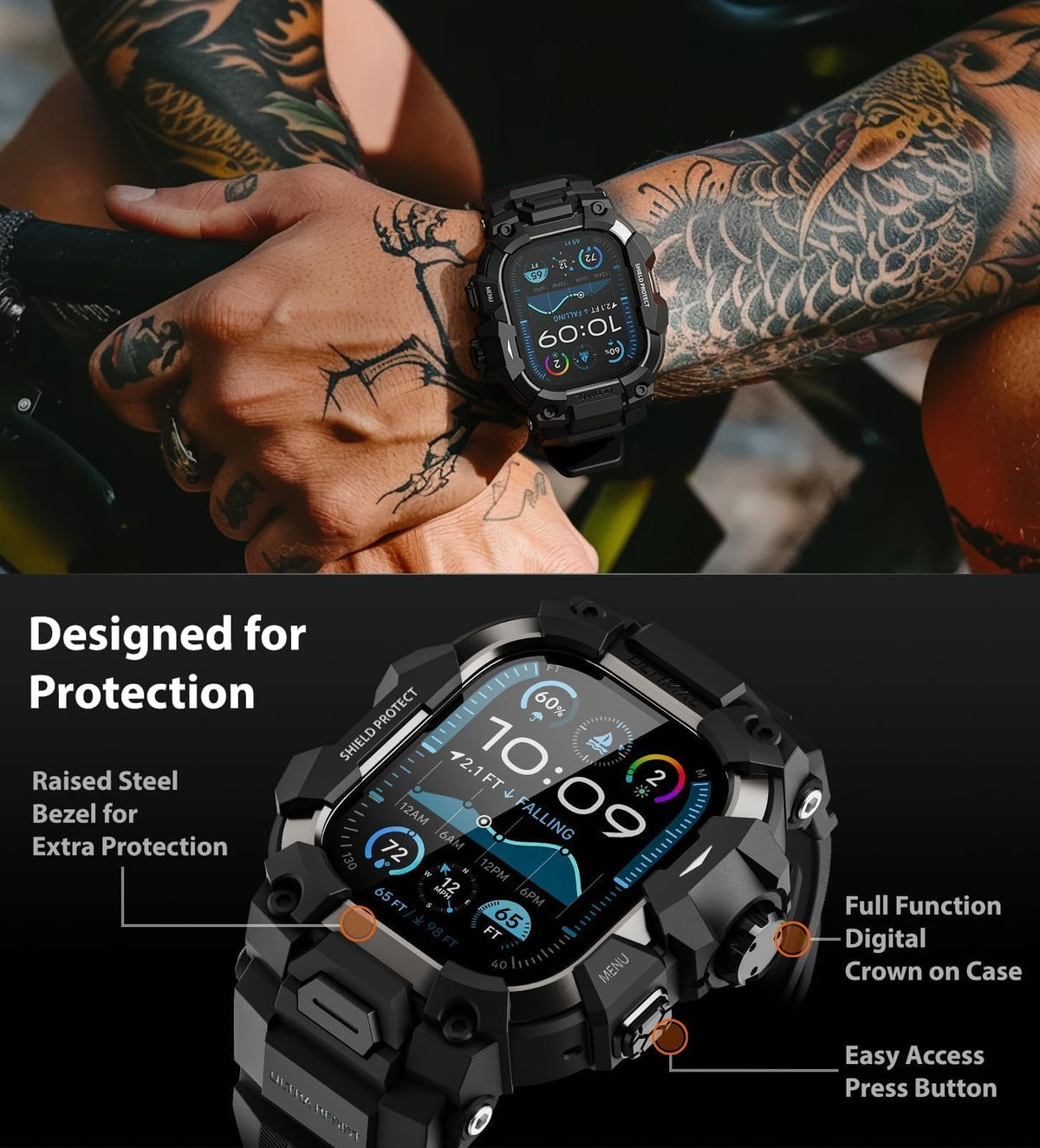 ULTIMAL Rugged Case with Band for Apple Watch Ultra 4/3/2/1, 49mm Black | Military-Grade Shockproof Bumper Cover with Tactical Band Men, Built for Rugged Protection, Secure Fit and Everyday Comfort