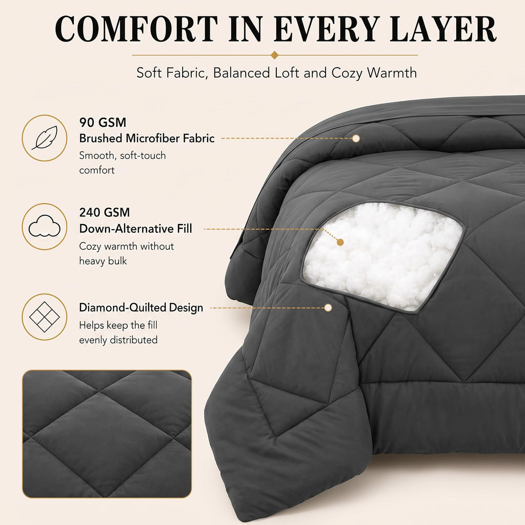 CozyLux Queen Comforter Set 88"x88" Dark Grey - 7 Piece Bed in a Bag | Fits Mattresses up to 14in, Sheets & Shams Included, OEKO-TEX Certified, 240GSM All-Season Fill, Couples & Guest Rooms