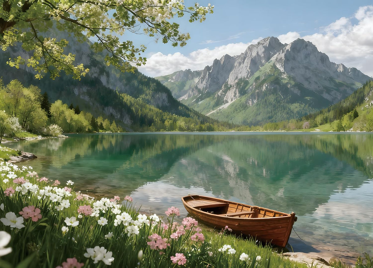 PQIKTUV Spring Mountain Lake Puzzles for Adults 1000 Pieces | Wooden Boat Landscape Jigsaw Puzzle, Nature Scenery 1000 Pieces Puzzles for Adults, Wall Decor, 27.56x19.7 Inch