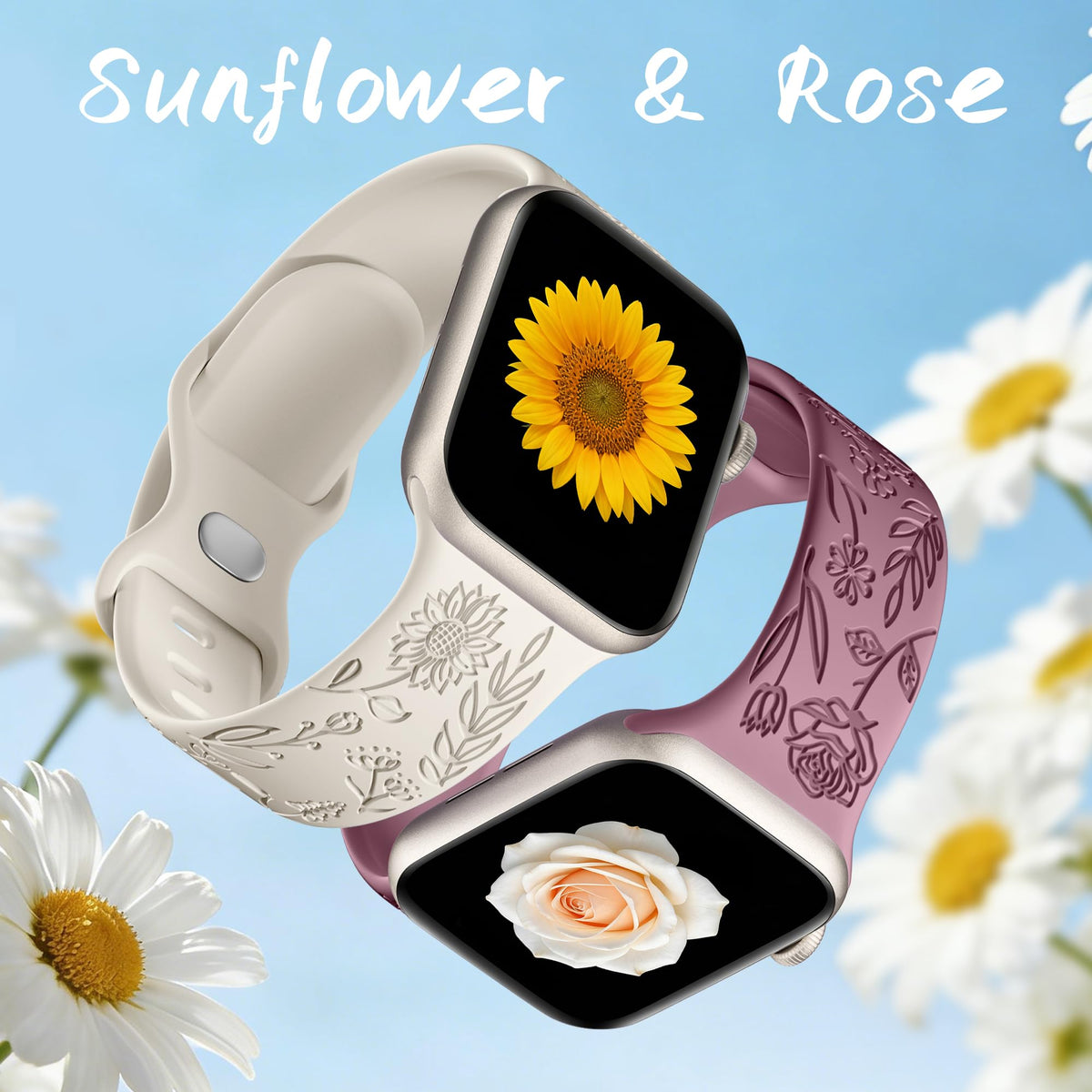 6 Pack Floral Engraved Bands Compatible with Apple Watch for Women | Cute Silicone Straps for Series 12 11 10 9 8 7 6 5 4 SE 3/2/1 Ultra, Wristband for iWatch 42mm 40mm 41mm 38mm 44mm 45mm 46mm