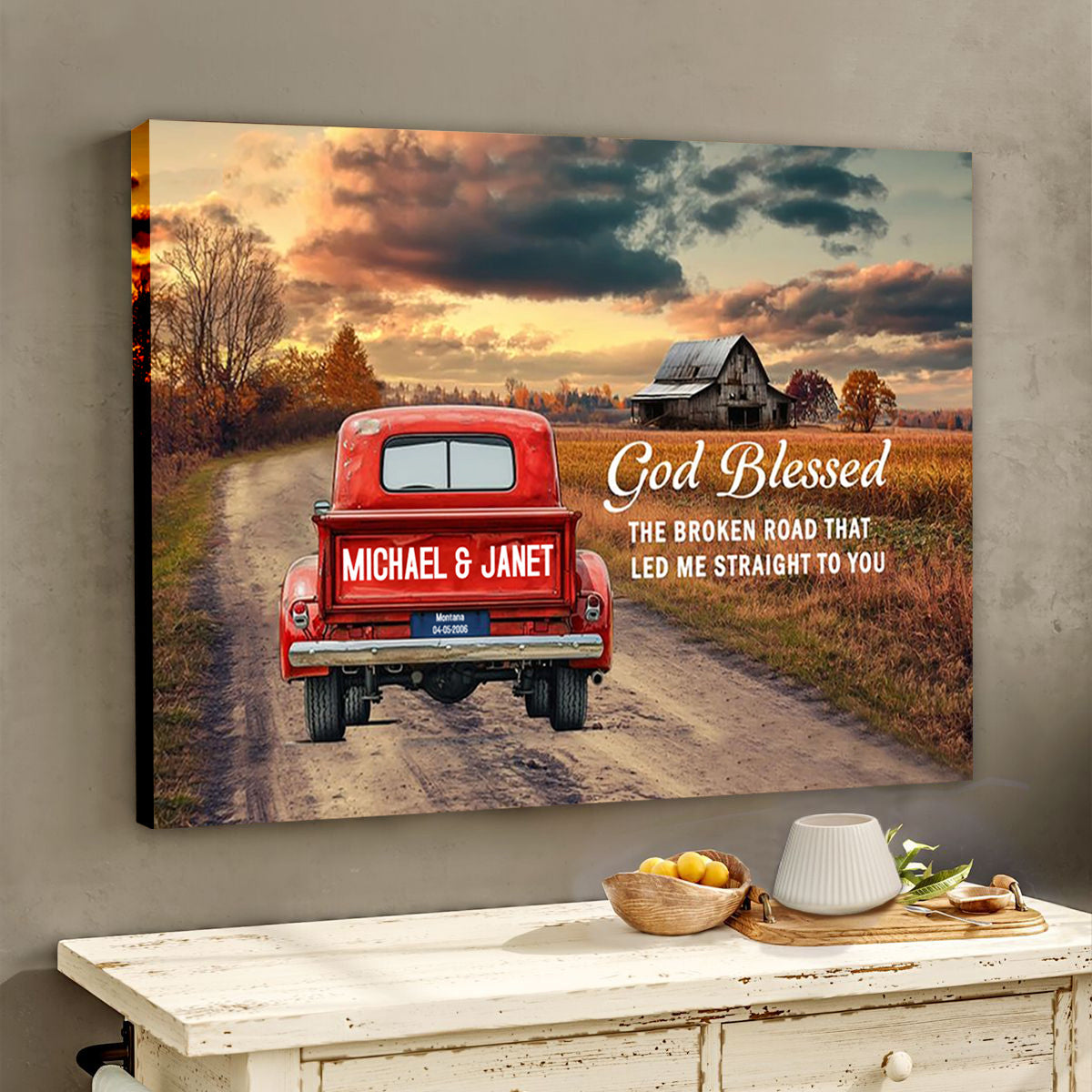 “God Blessed The Broken Road” - Personalized Rustic Couple Canvas / Poster