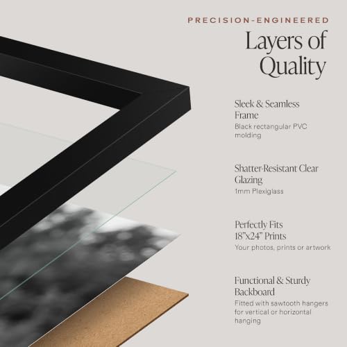 Americanflat 18x24 Poster Frame - Slim Molding - Black | Polished plexiglass front, hangs vertical or horizontal, sawtooth hangers included, secure turn-tab backing