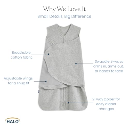 HALO SleepSack Swaddle | Cotton | 1.5 TOG | 68-75°F | 6-12 lbs |Baby Blue | 3-Way Swaddle: Arms In, Hands-to-Face or Arms Out | Double Zipper for Easy Changes | Hip-Healthy Design | Newborn 0-3 Months