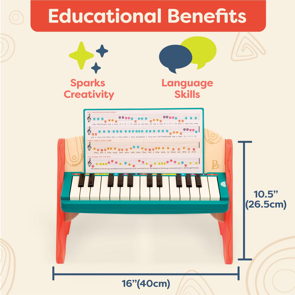 B. toys Wooden Piano, Mini Maestro with Color-Coded Songbook | Wooden piano toy with color-coded keys and songbook featuring 6 classical compositions; 3+ Years