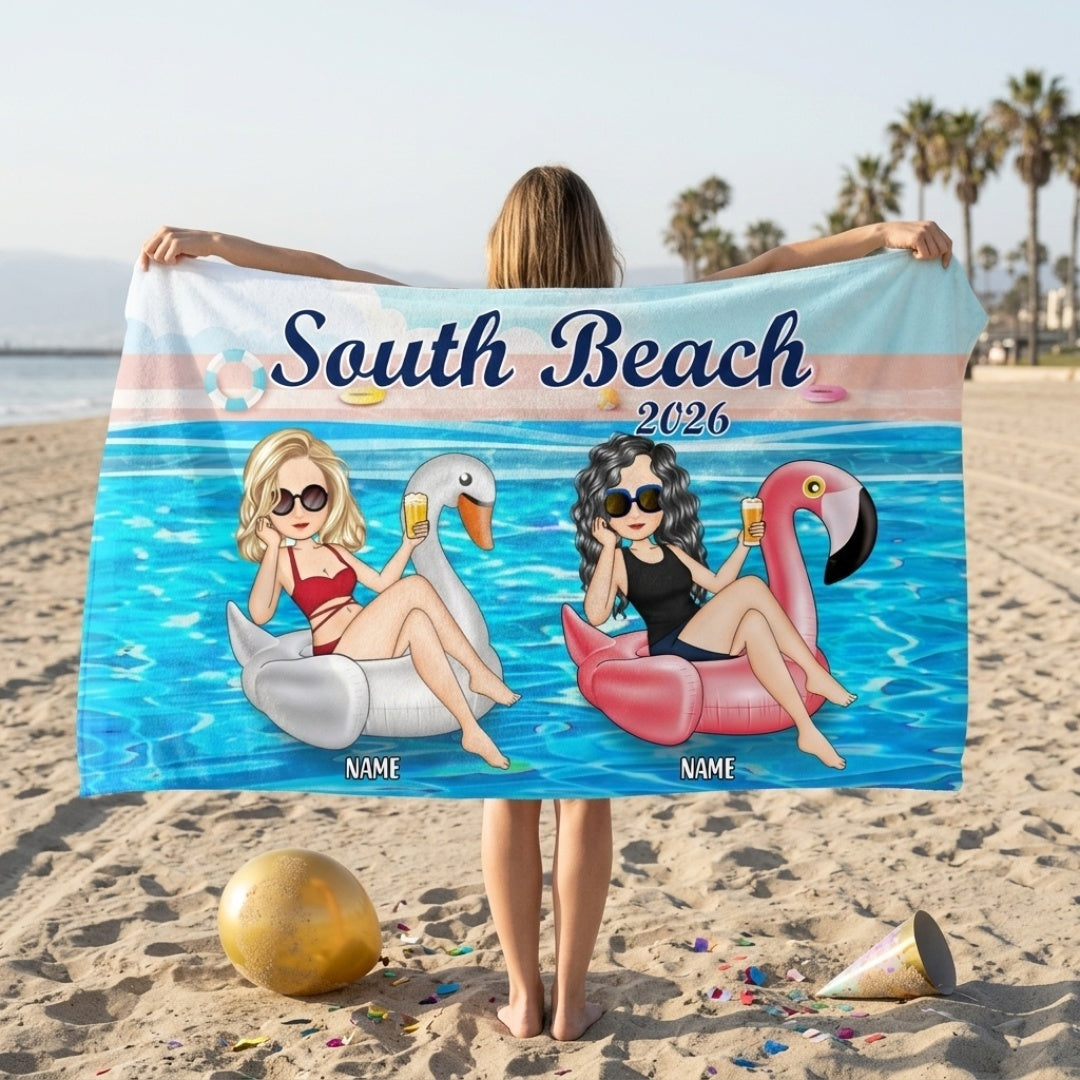 Personalized Beach Bestie Flamingo Girl Beach Towel - Gift For Bestie For Women