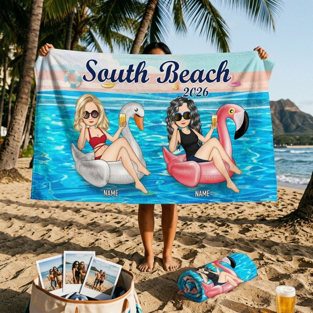 Personalized Beach Bestie Flamingo Girl Beach Towel - Gift For Bestie For Women