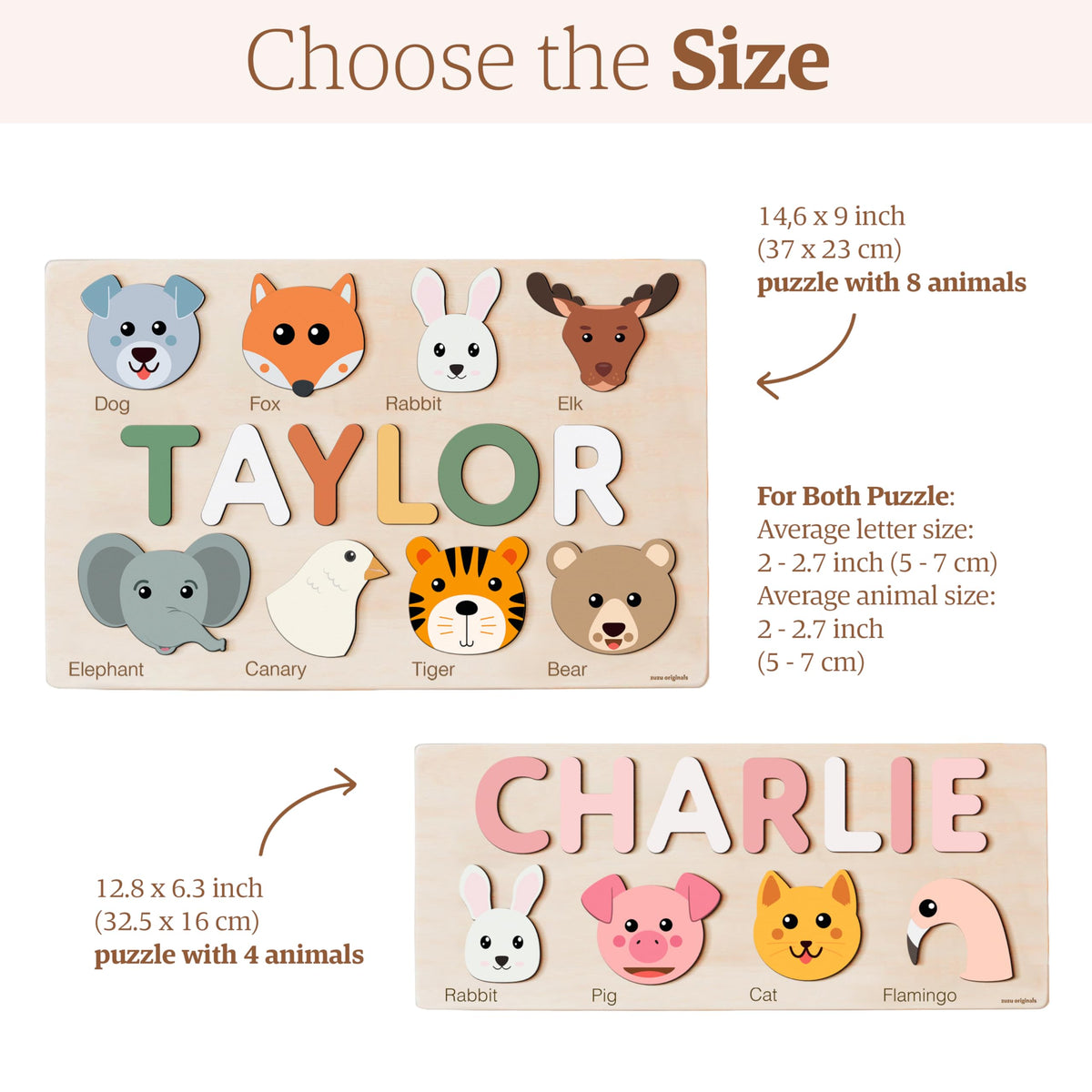 Zuzu Puzzle Personalized Name Puzzle for Toddlers 1-3 | Safari, Farm & 12 Themes | Handmade Wooden Montessori Toy, Keepsake Nursery Decor & Perfect 1st Birthday Gift for Boy Girl