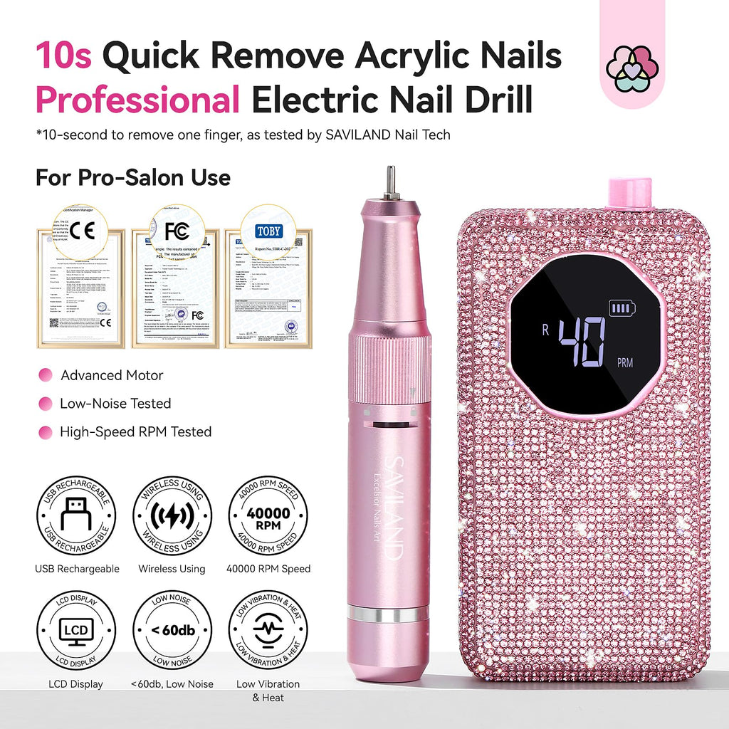 SAVILAND Nail Drill Professional 40000 RPM Cordless for Thick Acrylic Nails