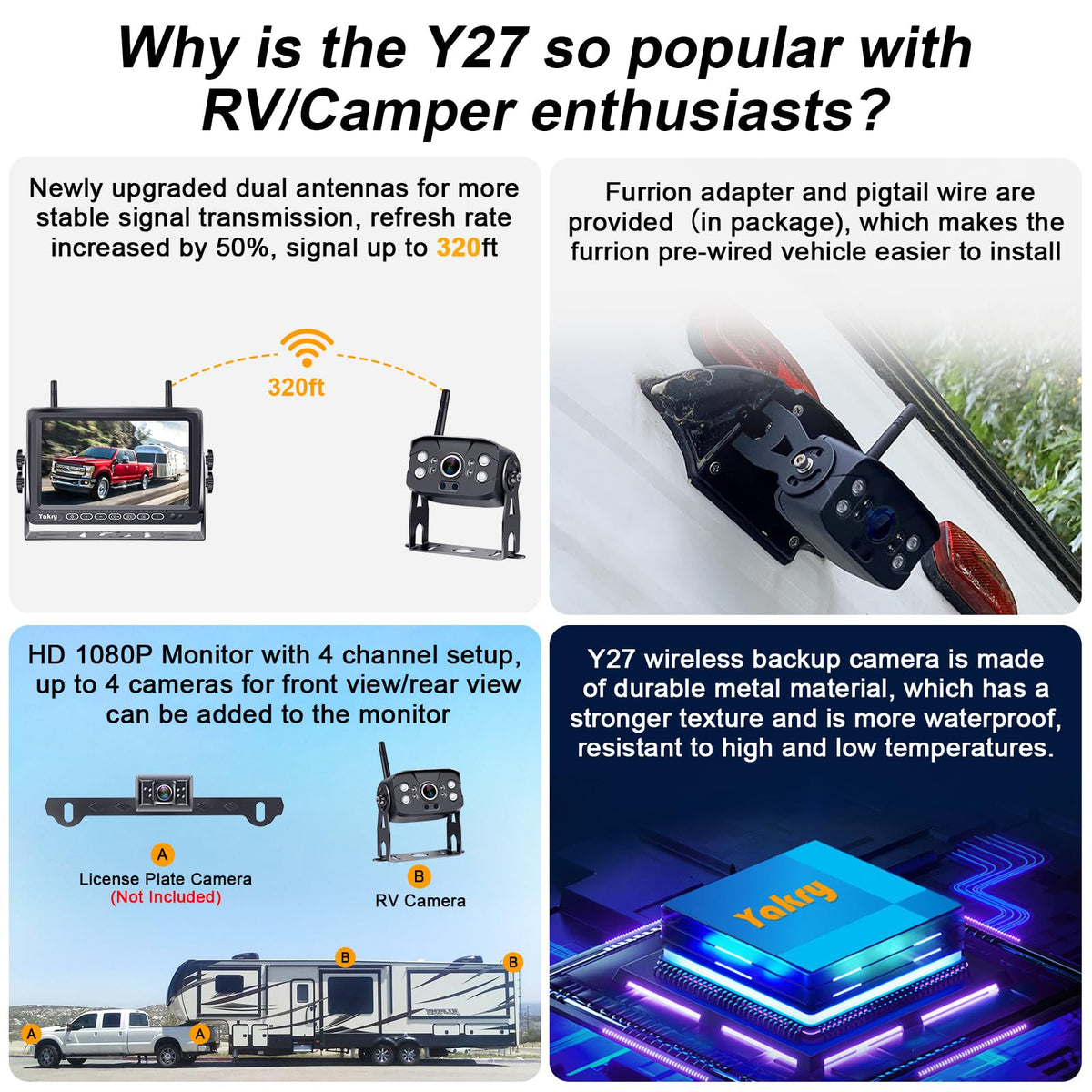 RV Backup Camera Wireless Plug and Play: Pre-Wired for Furrion Easy Install | 1080P HD Recording Wide View Rear View Camera Clear Night Vision Strong Signal 7'' Monitor for Trailer Camper Motorhome Yakry
