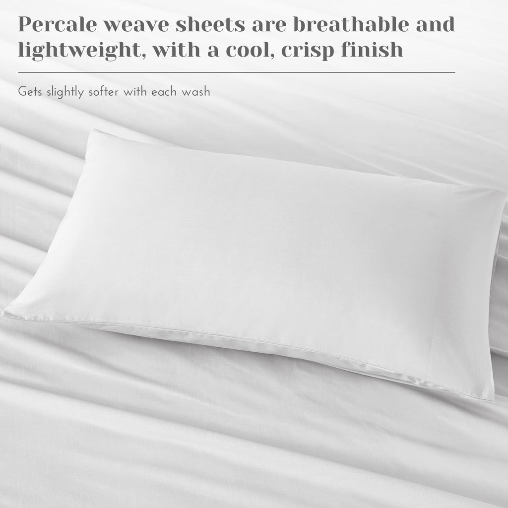 Comfort Spaces 100% Cotton Percale Sheets Twin Sheet Set 3 Pcs, White | Crisp, Cool & Breathable Bed Sheets, 12" Deep Pocket Fits Up to 14" Mattress, Lightweight, All Season Cozy, with Pillow Case