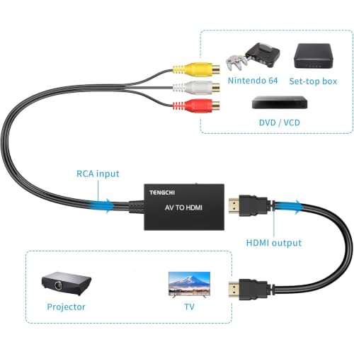 Tengchi RCA to HDMI Converter, AV to HDMI Adapter | Composite to HDMI Support 1080P PAL/NTSC For PS1, PS2, PS3, STB, Xbox, VHS, VCR, DVD Players