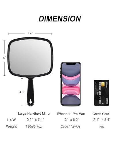 Gladmart 10.3" L x 7.4" W Hand Mirror for Home and Barber, Black | Hand Mirrors with Handle, Barber Accessories, Hair Salon Supplies, Distortion-Free Glass, Makeup Mirror for Women Men