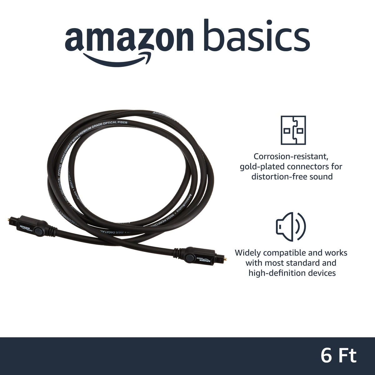 Amazon Basics Toslink Digital Optical Audio Fiber Optic Cable, Multi-Channel, for Sound Bar, Audio System, Home Theatre, Game Console, Blu-Ray Player, Gold-Plated Connectors, 6 Foot, Black