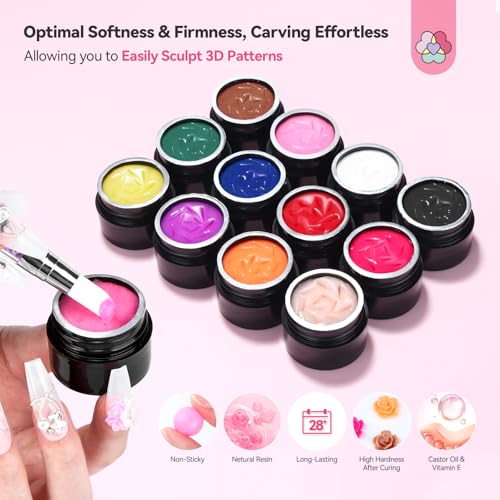 SAVILAND Non-Sticky 3D Sculpting Gel for Nail Art, 12 Colors Black White | No-Wipe, For Hand Carving 3D Art Design, Plant-Based Formula, Soak-Off, With Dual-End Sculpture Pen, Home and Salon Use
