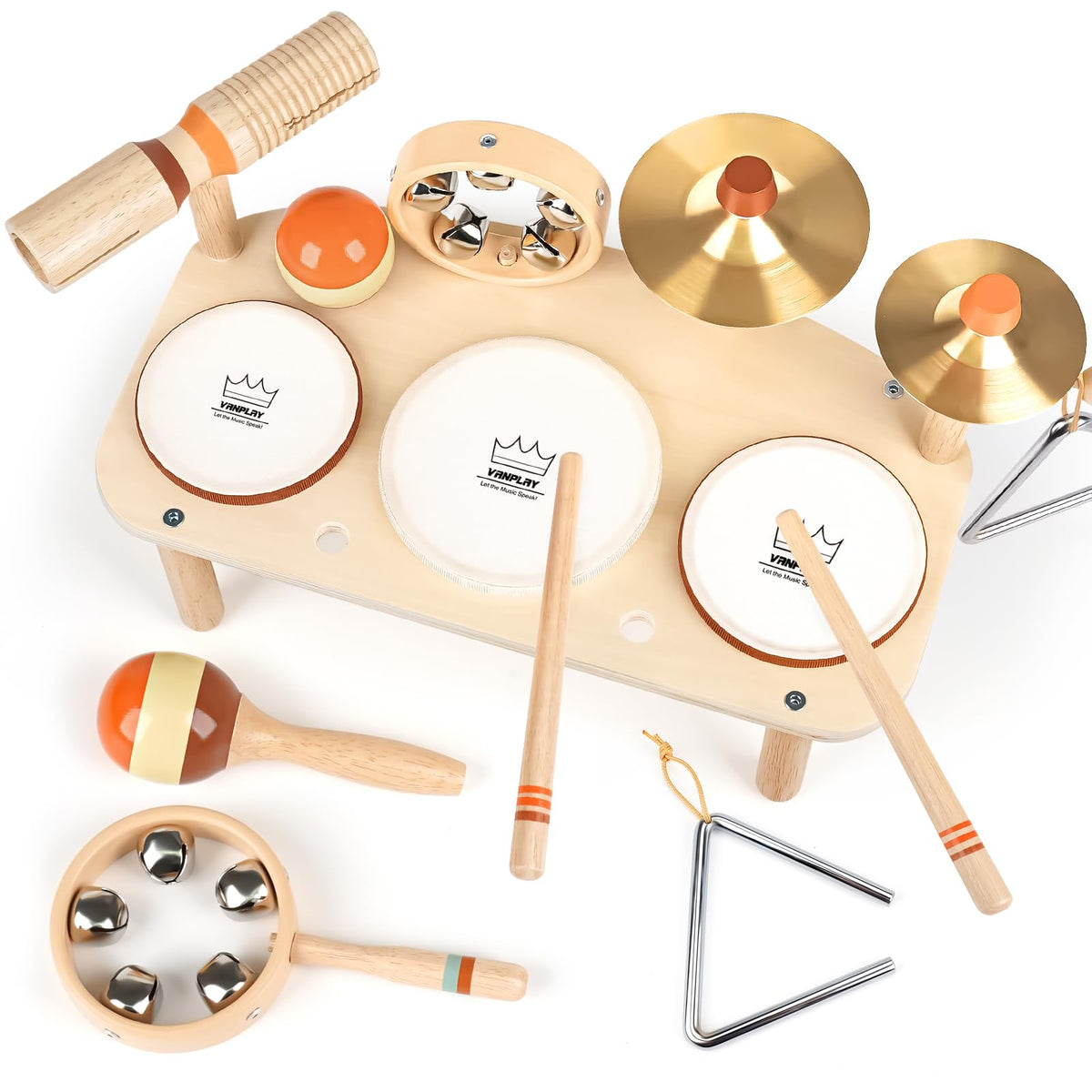 Vanplay Kids Drum Set, Montessori Toys for 2 3 Year Old Boy Girl Gifts | 11 in 1 Wooden Musical Instruments for Toddlers, Musical Activity Table, Explore Music & Rhythm, Christmas Birthday Gift