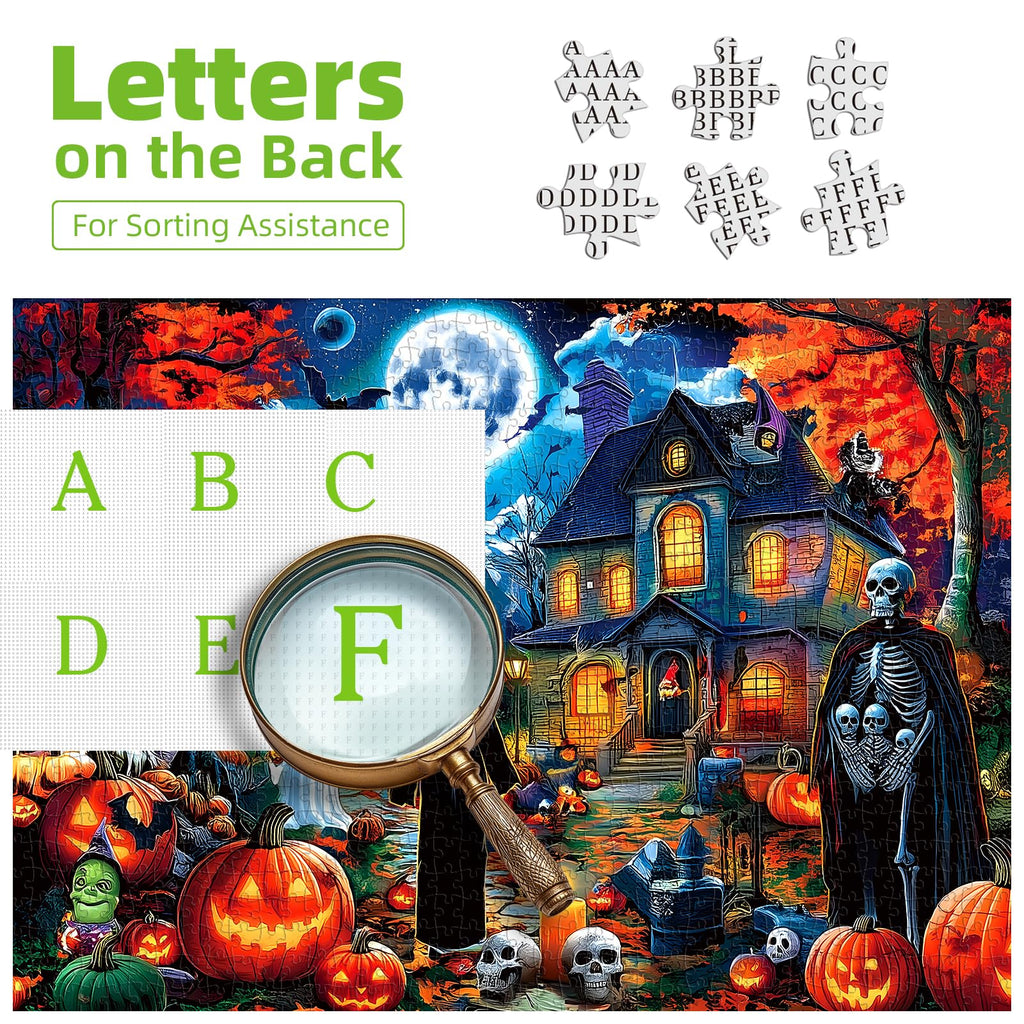 PuzzOne Halloween 1000 Pieces Puzzles for Adults Horror House Night | Halloween Spooky Skeletons and Ghosts Jigsaw Puzzle with Pumpkins for Holiday Party Game Decor Gifts Dust Free (27.5"x19.7")
