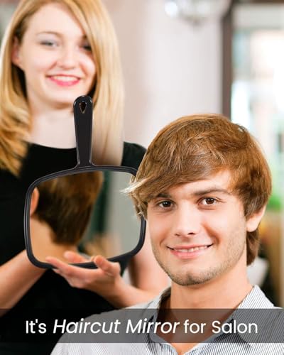 Gladmart 10.3" L x 7.4" W Hand Mirror for Home and Barber, Black | Hand Mirrors with Handle, Barber Accessories, Hair Salon Supplies, Distortion-Free Glass, Makeup Mirror for Women Men