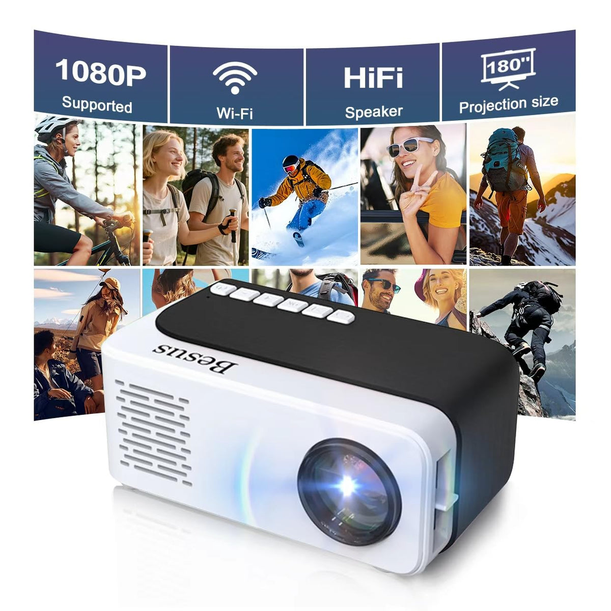 SEXZCUSKT Mini Projector, HD 1080P WiFi Video Projector, Portable Outdoor Projector with Tripod, Gift for Kids, Home Theater Movie Phone Projector Compatible with USB, AV, Smartphone/Tablet/Laptop