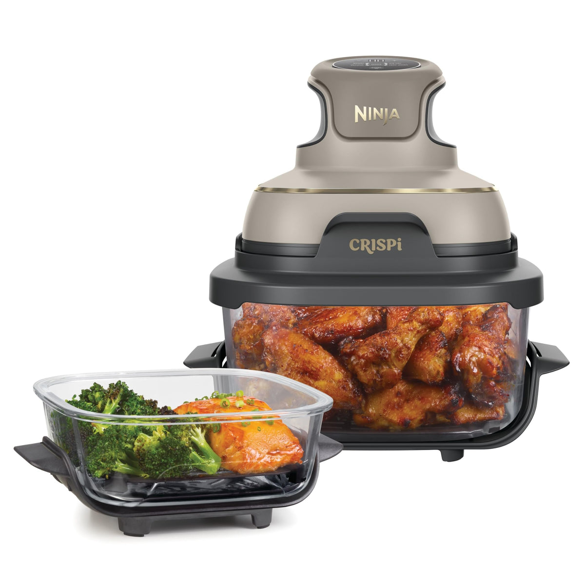 Ninja CRISPi Portable Air Fryer 3.8L 4-in-1 1700W Stone Gold | Hot Air Frying, Roasting, Keeping Warm, Recrisp, 6 Servings, 2 Removable Glass Containers & Lids - FN101EUSTGD