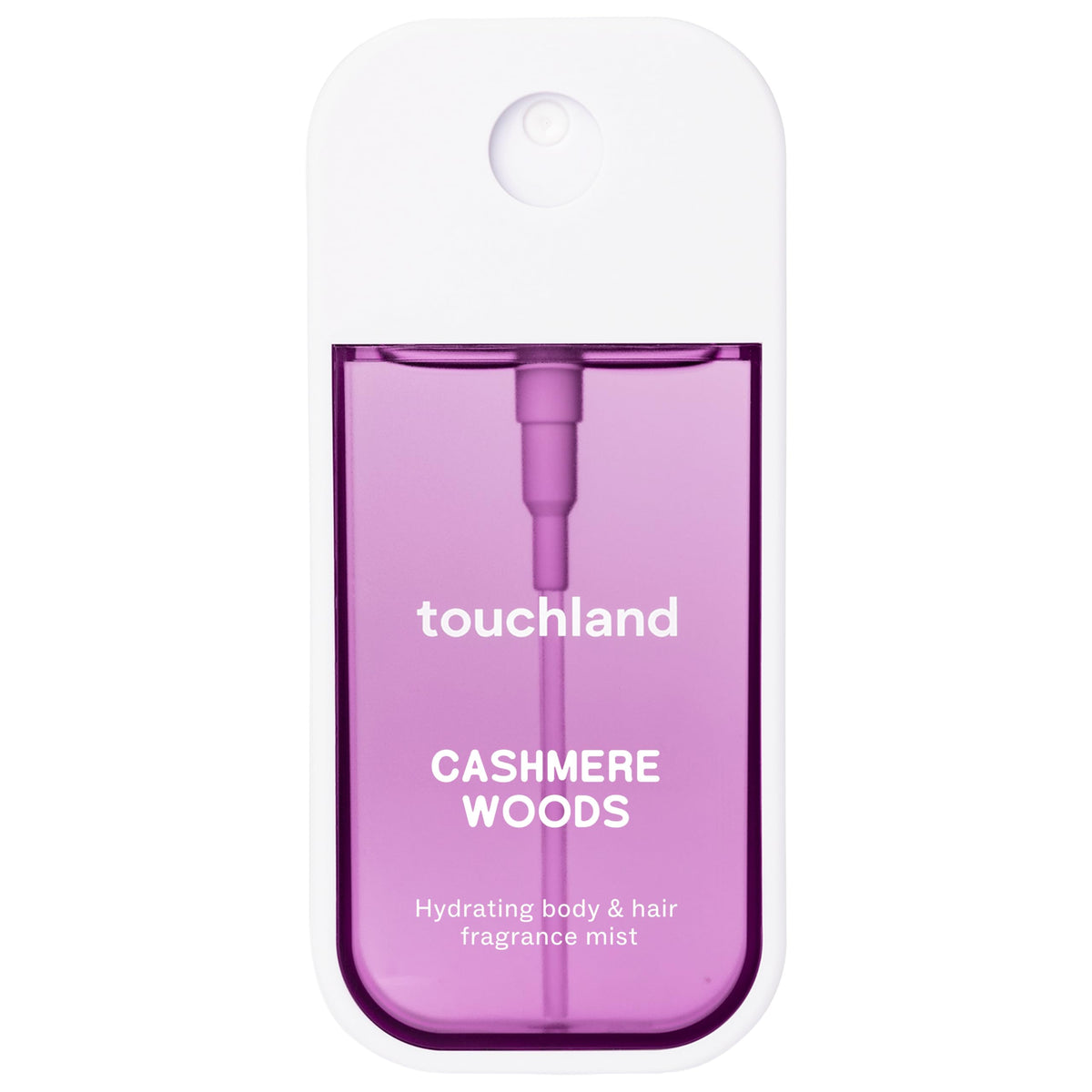 Touchland Body & Hair Cashmere Woods Hydrating Fragrance Mist Travel Size | TSA ready spray. Warm woods scent of sweet cream, vanilla & jasmine. Hydrates and refreshes skin and hair.