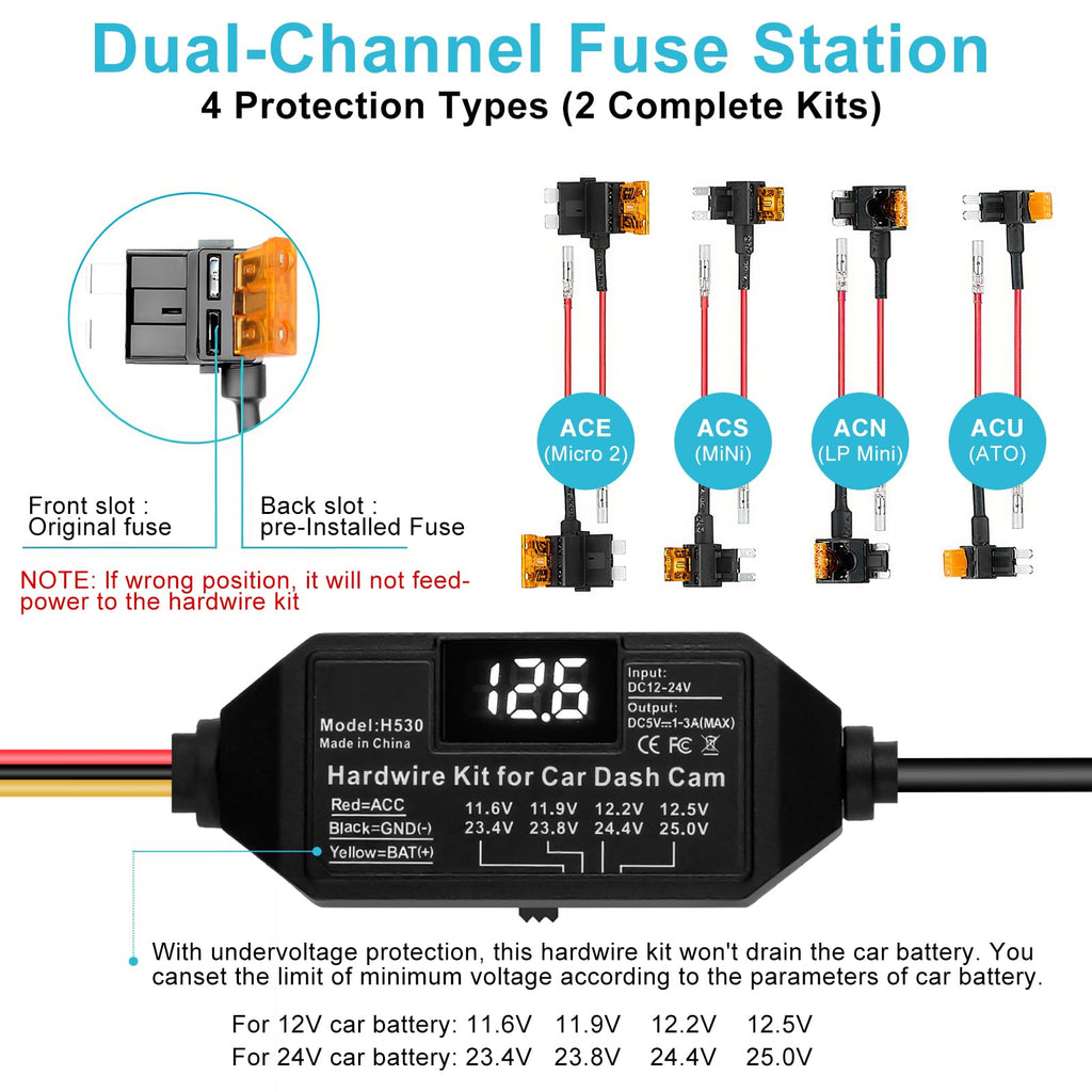 Dash Cam Hardwire Kit USB C, 12V-24V to 5V/3A Adapter Power Cable with Voltage Display, 24/7 Parking Mode, Acc Detection, 4-Level Low Voltage Protection (11.6V/11.9V/12.2V/12.5V)