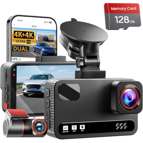 4K+4K Dual Dash Cam Front and Rear, Free 128GB Card, Starlight Night Vision | Dual-Channel Recording, 5.8GHz WiFi, 20MB/s Download Speed, GPS, 3" IPS Screen, Collision Sensor, 24H Parking Mode