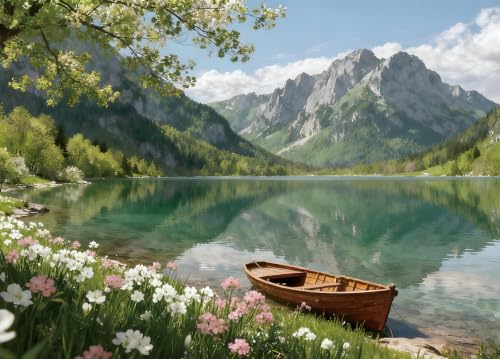 PQIKTUV Spring Mountain Lake Puzzles for Adults 1000 Pieces | Wooden Boat Landscape Jigsaw Puzzle, Nature Scenery 1000 Pieces Puzzles for Adults, Wall Decor, 27.56x19.7 Inch