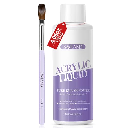 SAVILAND Low Odor Monomer Acrylic Nail Liquid, 4 oz | Non-Yellowing Monomer, With #12 Nail Brush, For Acrylic Powder Application, Beginners At-Home DIY & Professional Salon Use