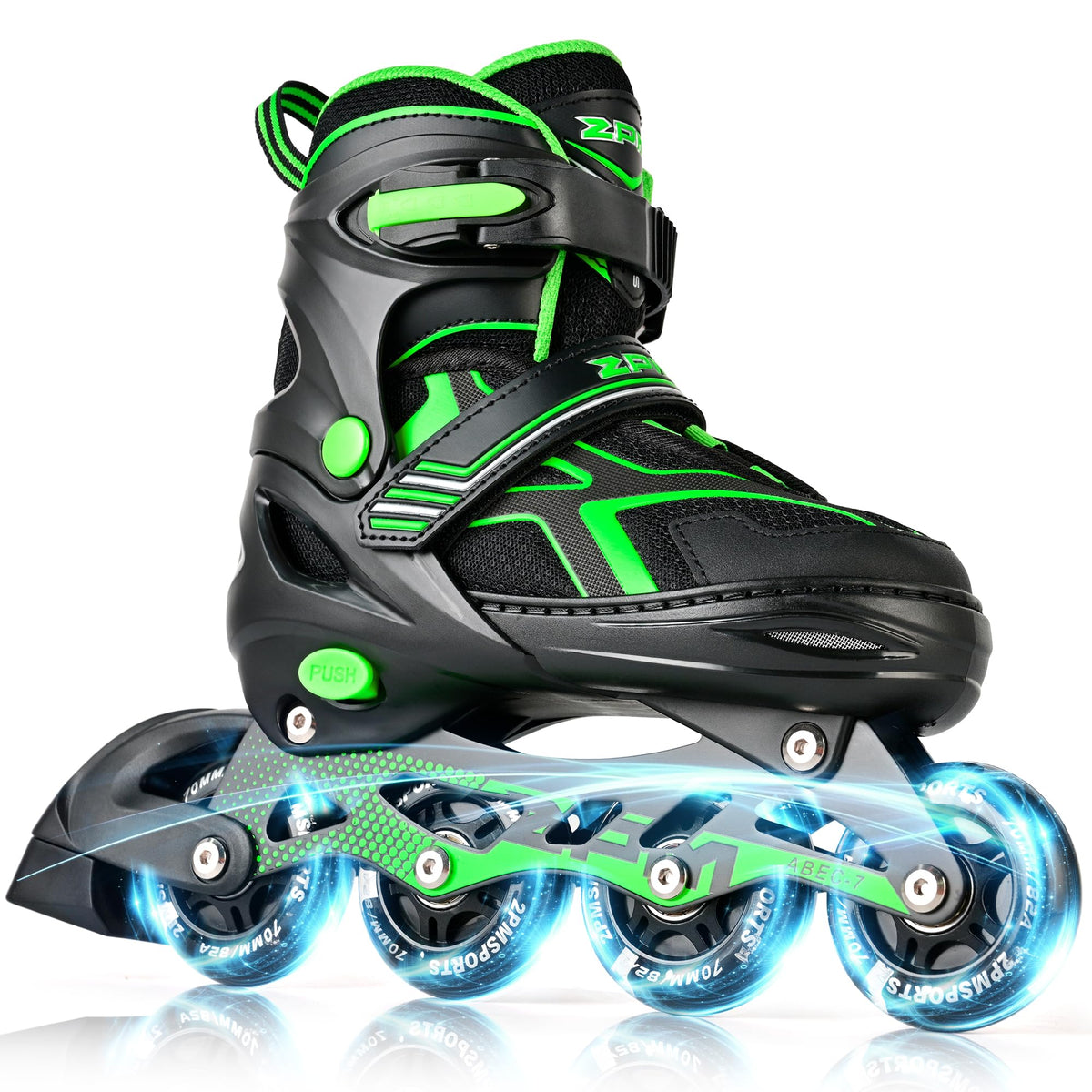 2PM SPORTS Adjustable Inline Skates for Kids, Youth and Adults | beginner friendly; triple closure; light-up wheels; ABEC-7 bearings; Arch support; 2 non-woven bags