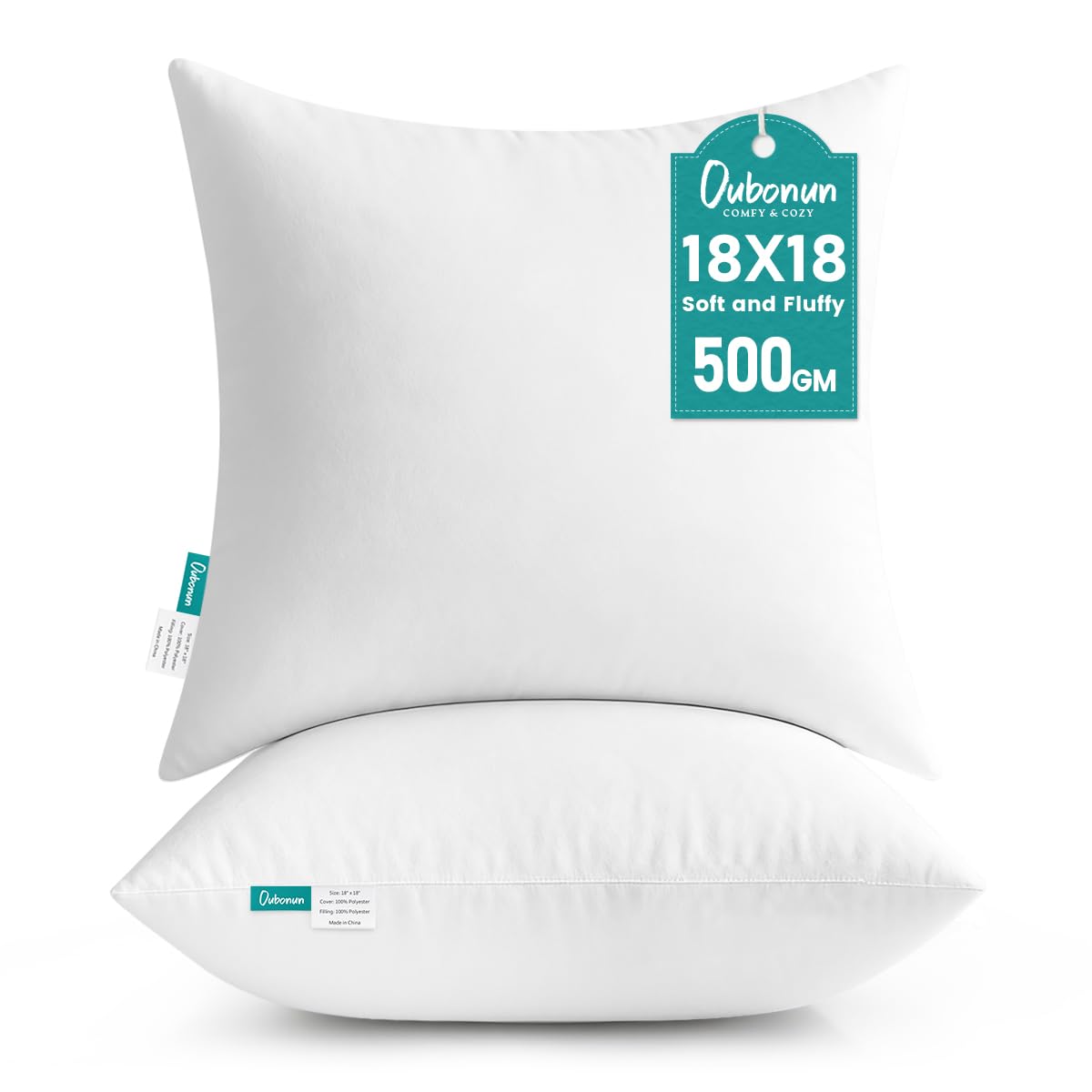 Oubonun 18 x 18 Throw Pillow Inserts | Soft, Plush & Decorative Down Alternative Pillows for Couch Sofa Bed, Machine Washable - White, Pack of 2