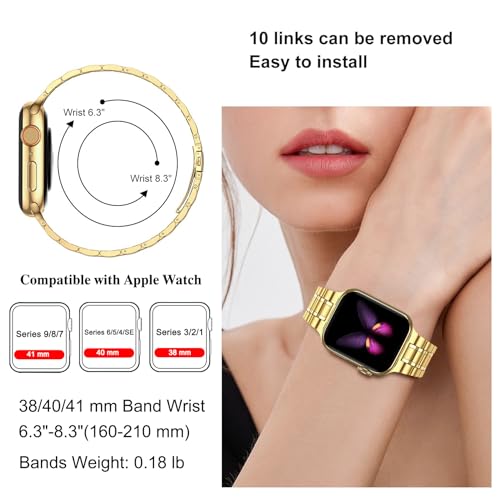 MioHHR Solid Stainless Steel Band Compatible for Apple Watch 38mm 40mm 41mm | Adjustable Metal Strap with Soft TPU Case for Women and Men, Fits iWatch Bands Series 9 8 7 6 5 4 3 2 1, SE3, SE2, SE, Gold