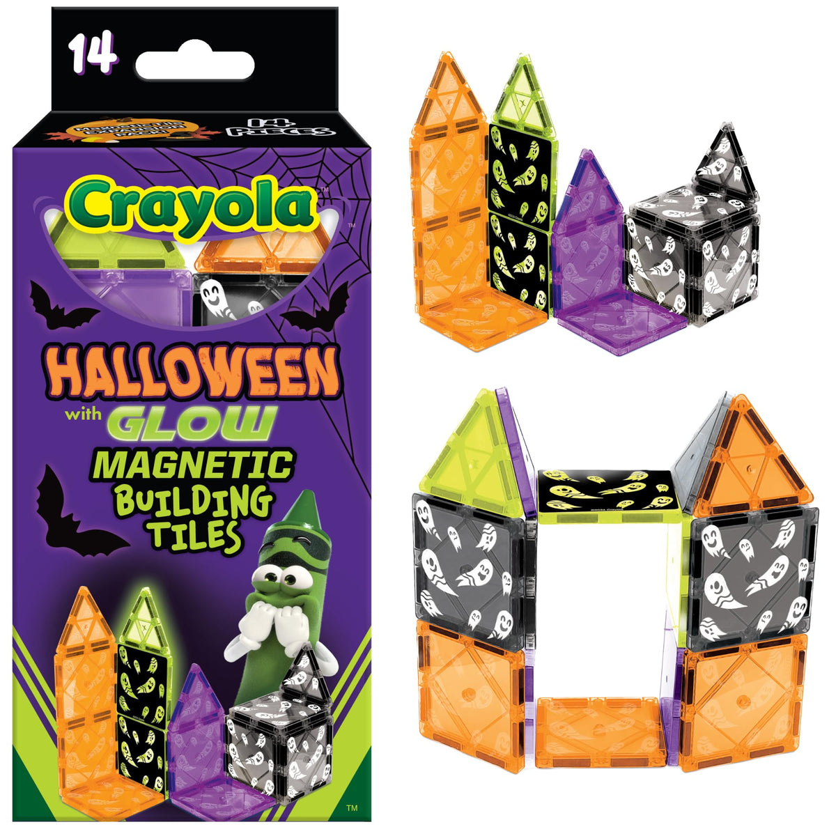 CreateOn Crayola Magnetic Tiles, Building Set for Kids, Halloween Toy for Kids, Travel Toys, Classroom Sensory Blocks, STEM & Montessori for Boys & Girls Ages 3+, 14-Piece Set (Halloween)
