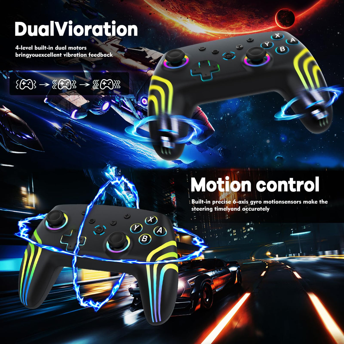 MYSTILUCK Wireless Pro Controller for Switch/Switch 2/Lite/OLED/PC | Gamepad with 7 Color-Changing RGB Lighting/Dual Vibration/6-Axis Gyroscope/Turbo, Ergonomically Designed Precise Joystick