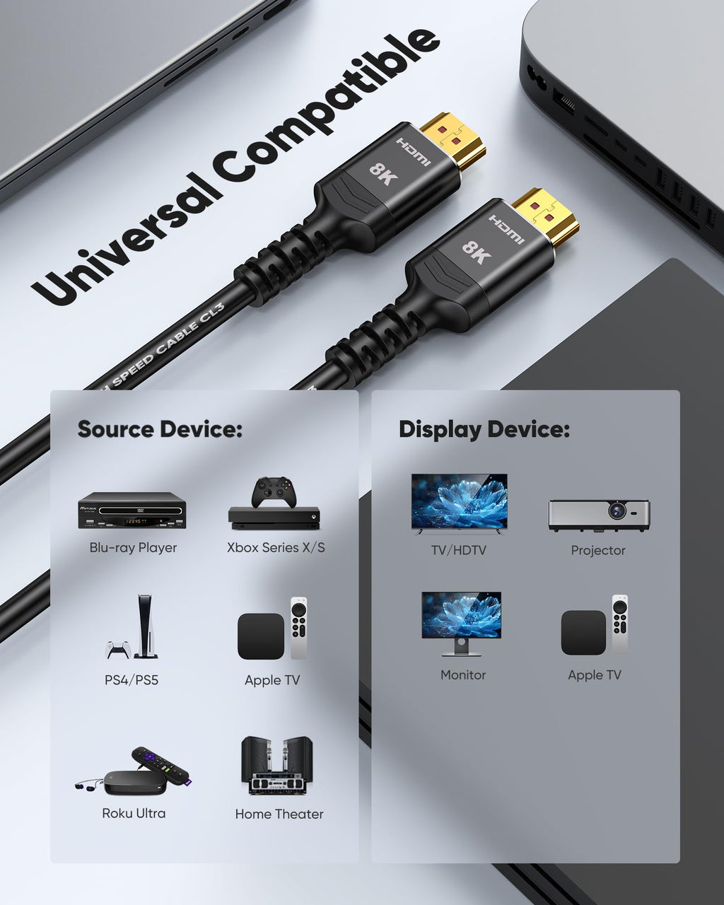Highwings Long HDMI Cable 15 FT, 10K 8K 4K@240Hz Durable in-Wall CL3 Rated | Ultra High Speed HDMI 2.1 Cord, 48Gbps 144Hz 120Hz, Fit, eARC, HDCP, Ethernet, Compatible for Gaming Consoles PS5 Mini PC TV