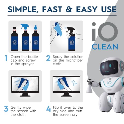 iO CLEAN 16oz Screen Cleaner Spray – Best Large Cleaning Kit | for LCD, LED & OLED TV, Smartphone, iPad, Laptop, Touchscreen, Computer Monitor, Microfiber Cloth Wipes & 2 Nozzles