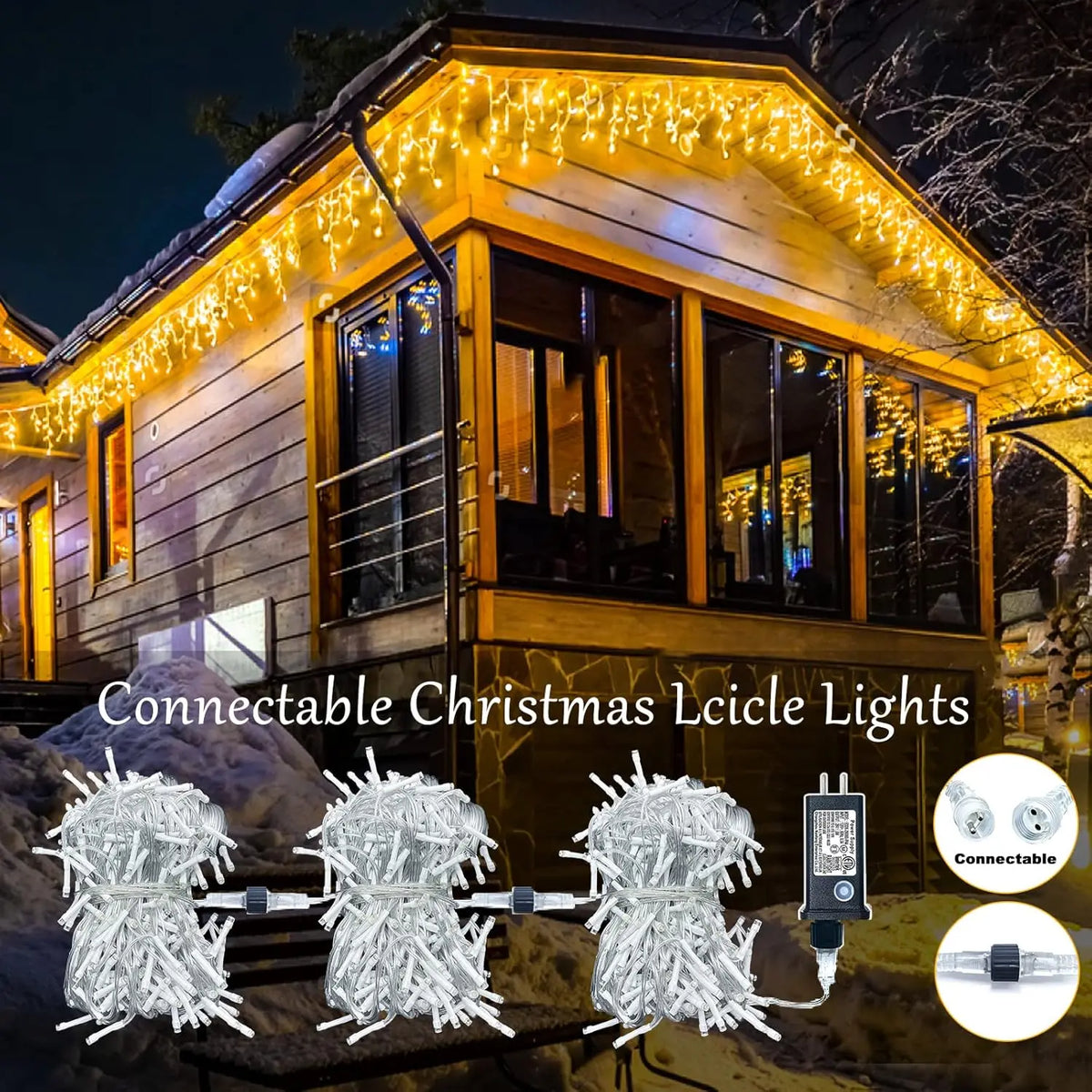 66ft 600-LED Christmas Icicle Lights – Outdoor Lights with Connectable Clear Wire. 8 Modes. Timer. Plug-in. Waterproof; Suitable for Eaves. Patios. Parties. and Indoor Holiday Decor; Includes Switch; Warm White